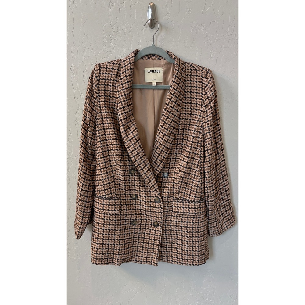 L'AGENCE Jayda 8 Tan Black Houndstooth Double Breasted Blazer Jacket Lined